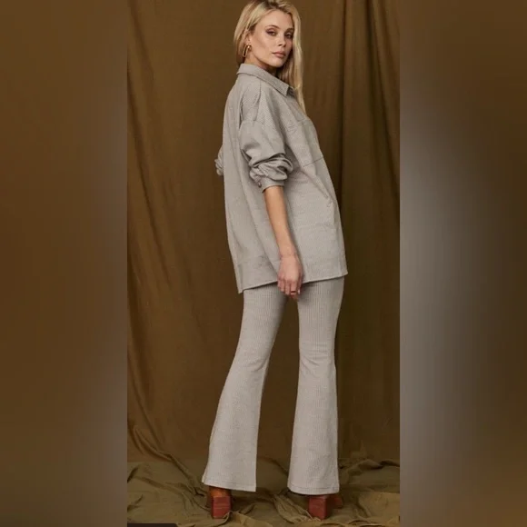 12th Tribe Livingston Taupe Geo Button Down Shirt and Flared Pants Set - Picture 5 of 8
